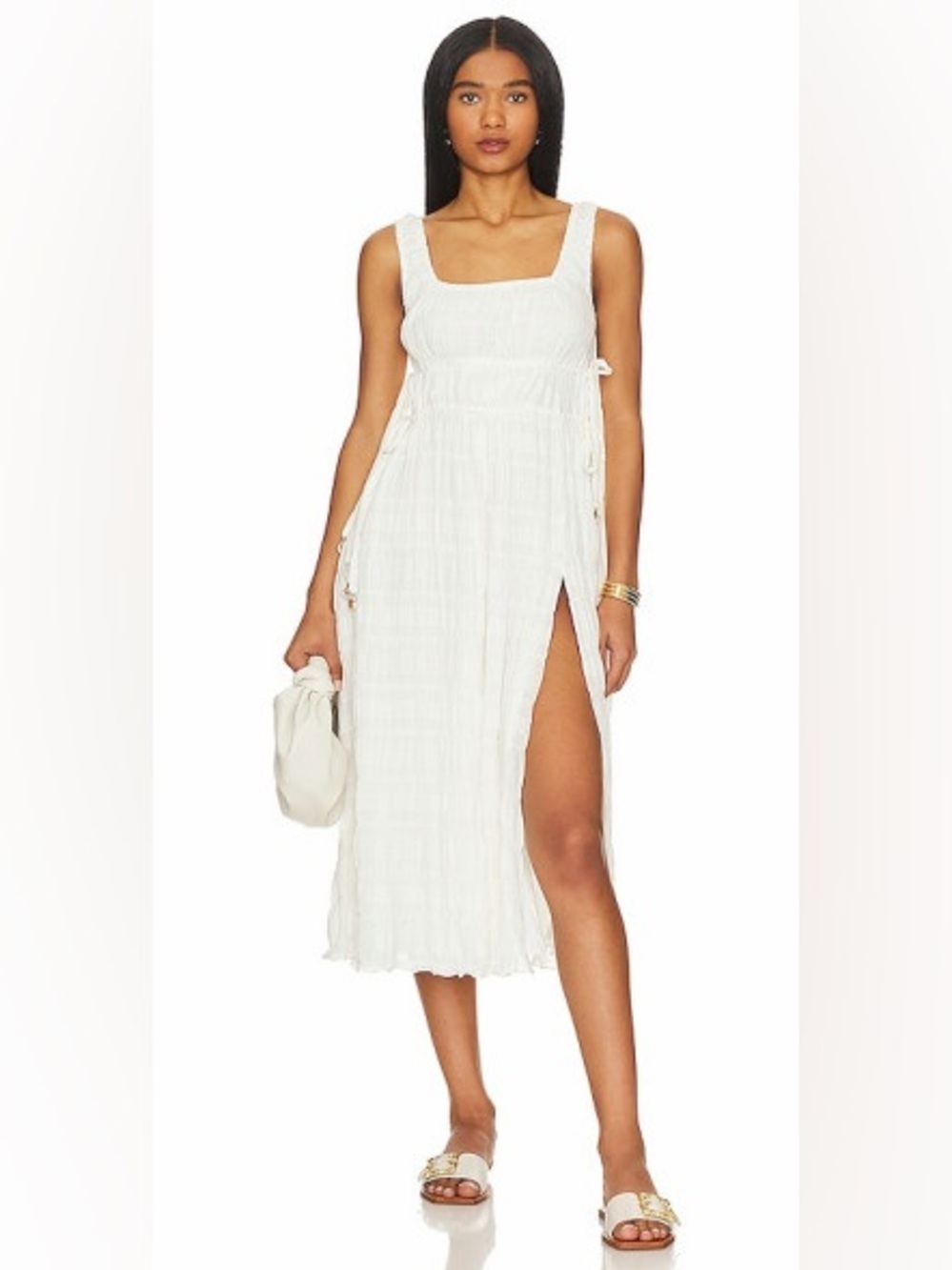 Tularosa Benita White Square-Neck Midi Dress with High Side Slit sheep detail XS